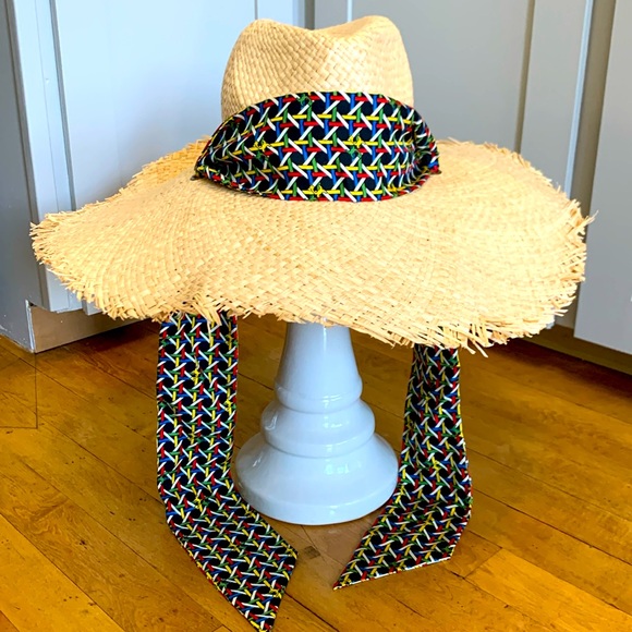 Tory Burch Accessories - Tory Burch Straw Hat with Silk Tie in Black Basketweave Print - NWT, OS